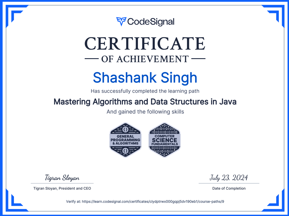 certificate of Data Structures and Algorithm